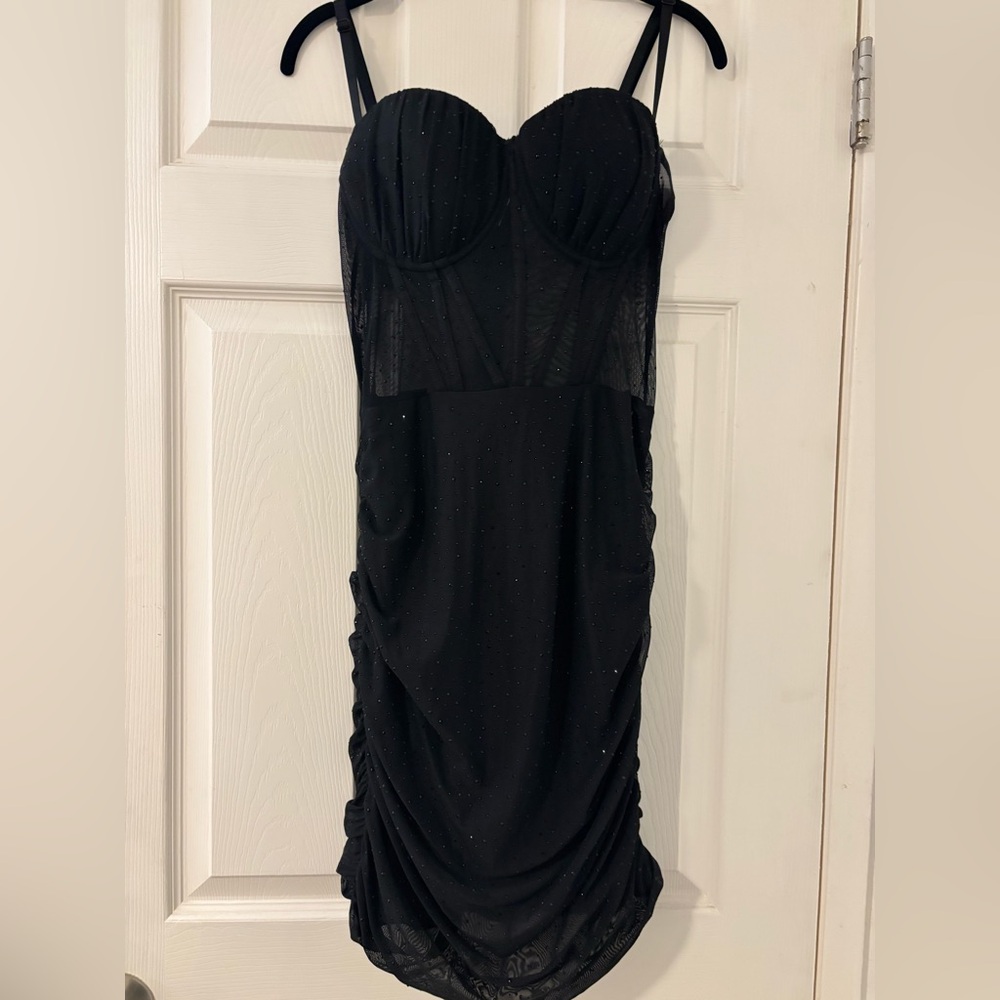 Black mesh corset dress with black rhinestones